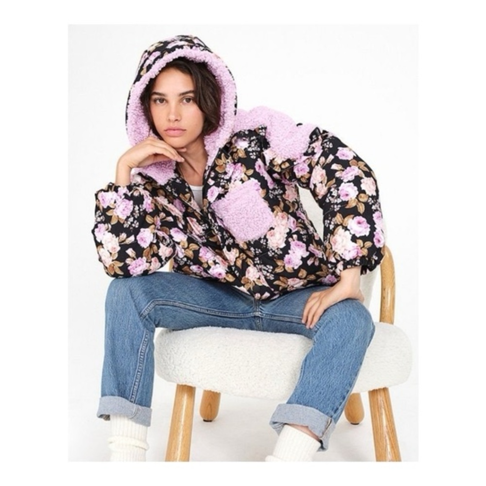 For Love And Lemons Floral Puffer Jacket - Black and Pink